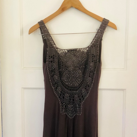 Gonca Style Dress Crochet Back Beaded Knit Jersey Gray One Size Empire Waist - Picture 9 of 10